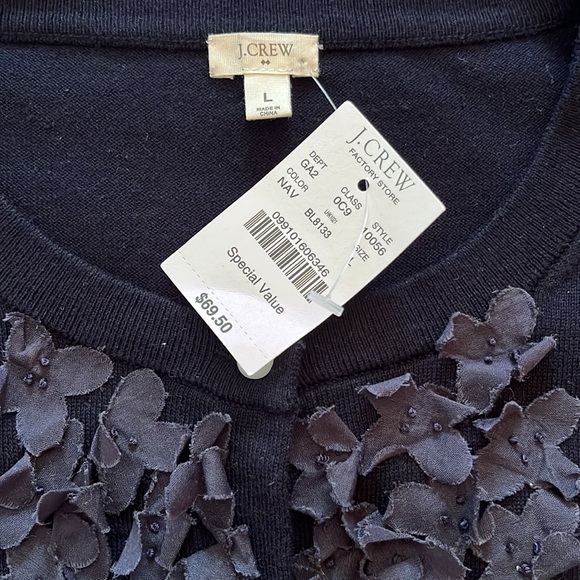 J Crew Navy 3/4 Sleeve Flower Appliqué Cardigan Sweater - Picture 3 of 3